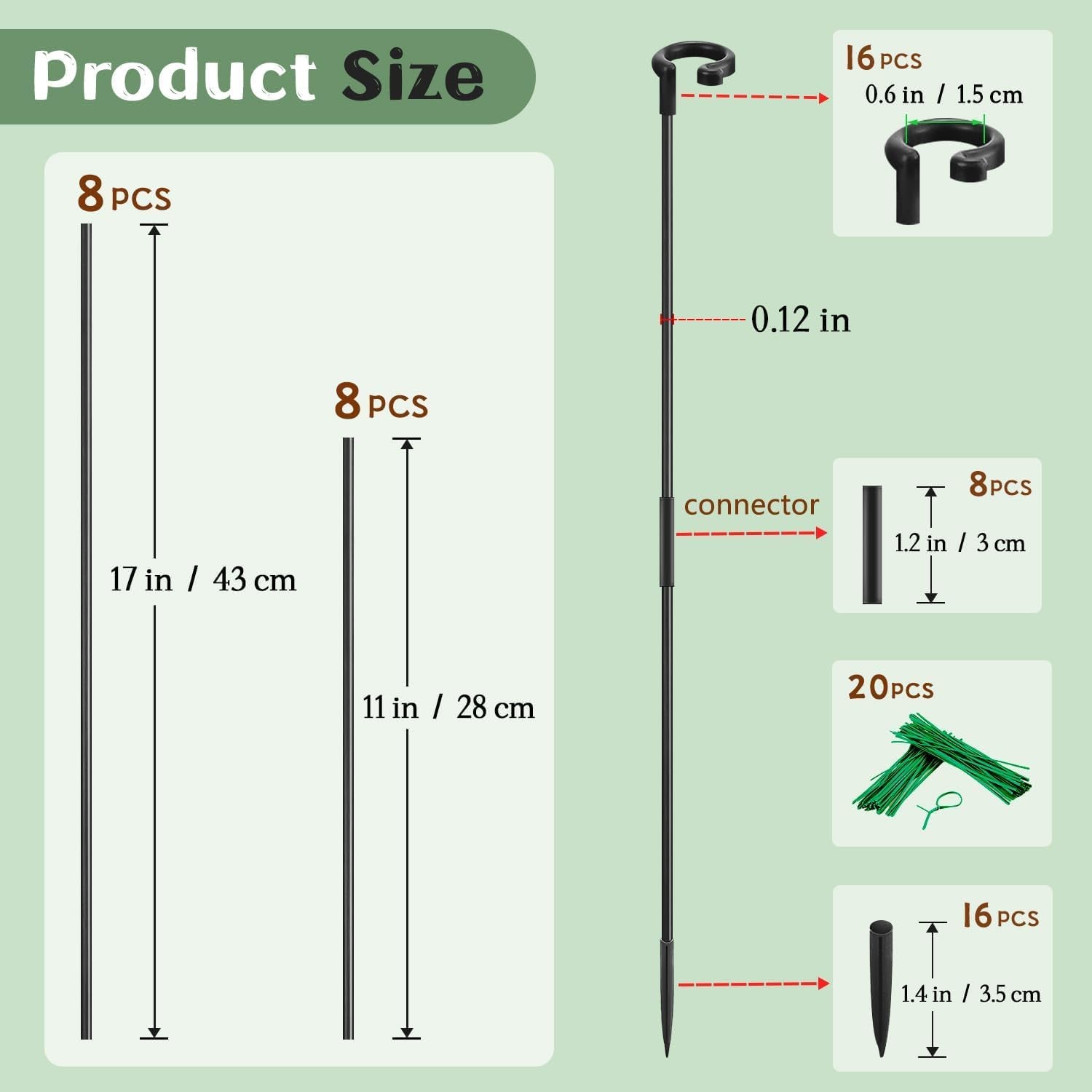 Orchid Sticks 17 Inch &11 Inch  16Pcs Plant Stakes with Clips for Support Small Short Plants,Garden Stakes Support Poles Rods Suit for Potted Plants Flowers Seedling (Black)