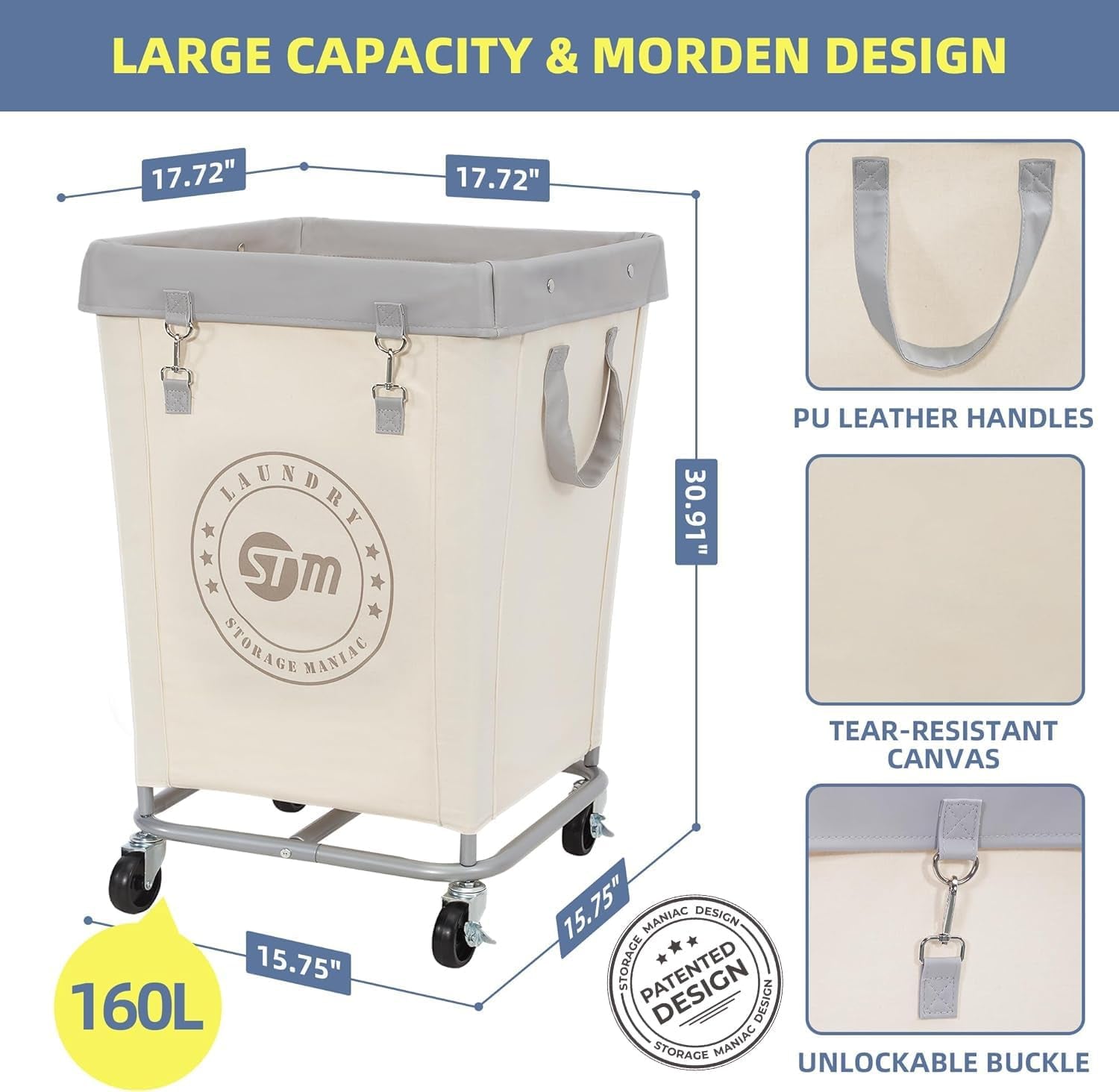 Commercial Laundry Hamper with Heavy Duty Steel Frame, 160 L Industrial Laundry Basket Cart with Wheels for Hotel, Home, Laundry Room, 17.72''L X 17.72''W X 30.91''H, Medium Beige