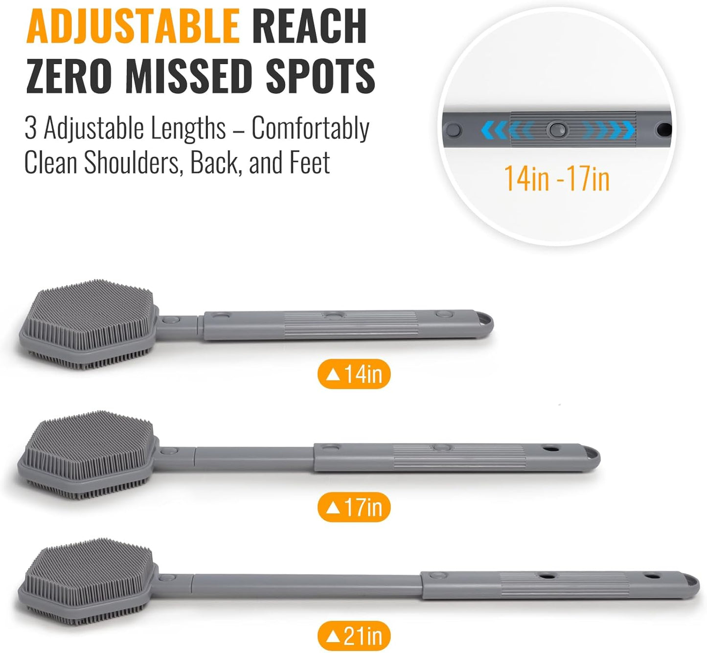 Silicone Back Scrubber for Shower – 21In Extendable Shower Brush with Long Handle – Dual-Sided Back Brush with Non-Slip Grip, Gentle Cleansing & Exfoliation for Men, Women, Elderly (Gray)