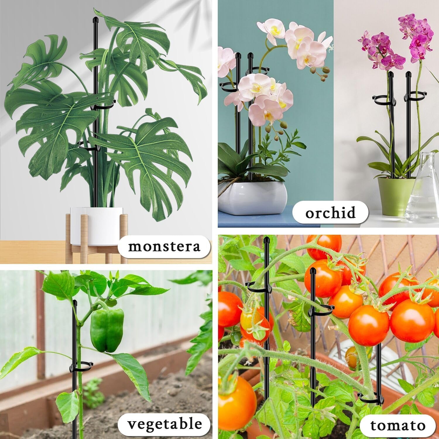 Plant Stakes 17Inch &11Inch  Adjustable Length Plant Support Stake 16Pcs Black Orchid Stick with Clips for Indoor Outdoor,Garden Pole for Potted Tomato Amaryllis Vegetables with 20 Ties