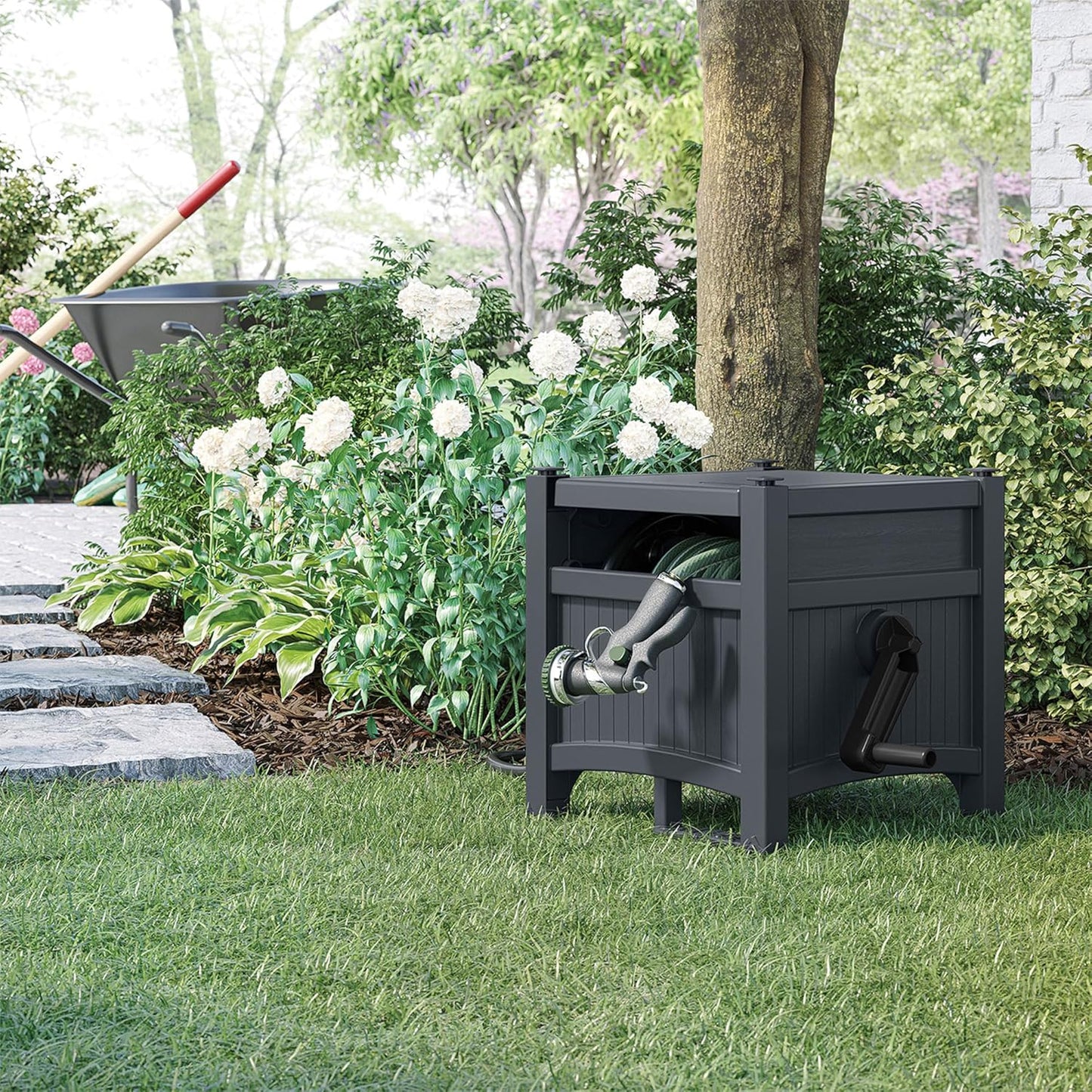 Garden Hose Hideaway Storage Reel Box, Cyberspace Grey – Resin Outdoor Container, Holds up to 100 Feet of 5/8 Inch Standard Vinyl Water Line – No Assembly Required