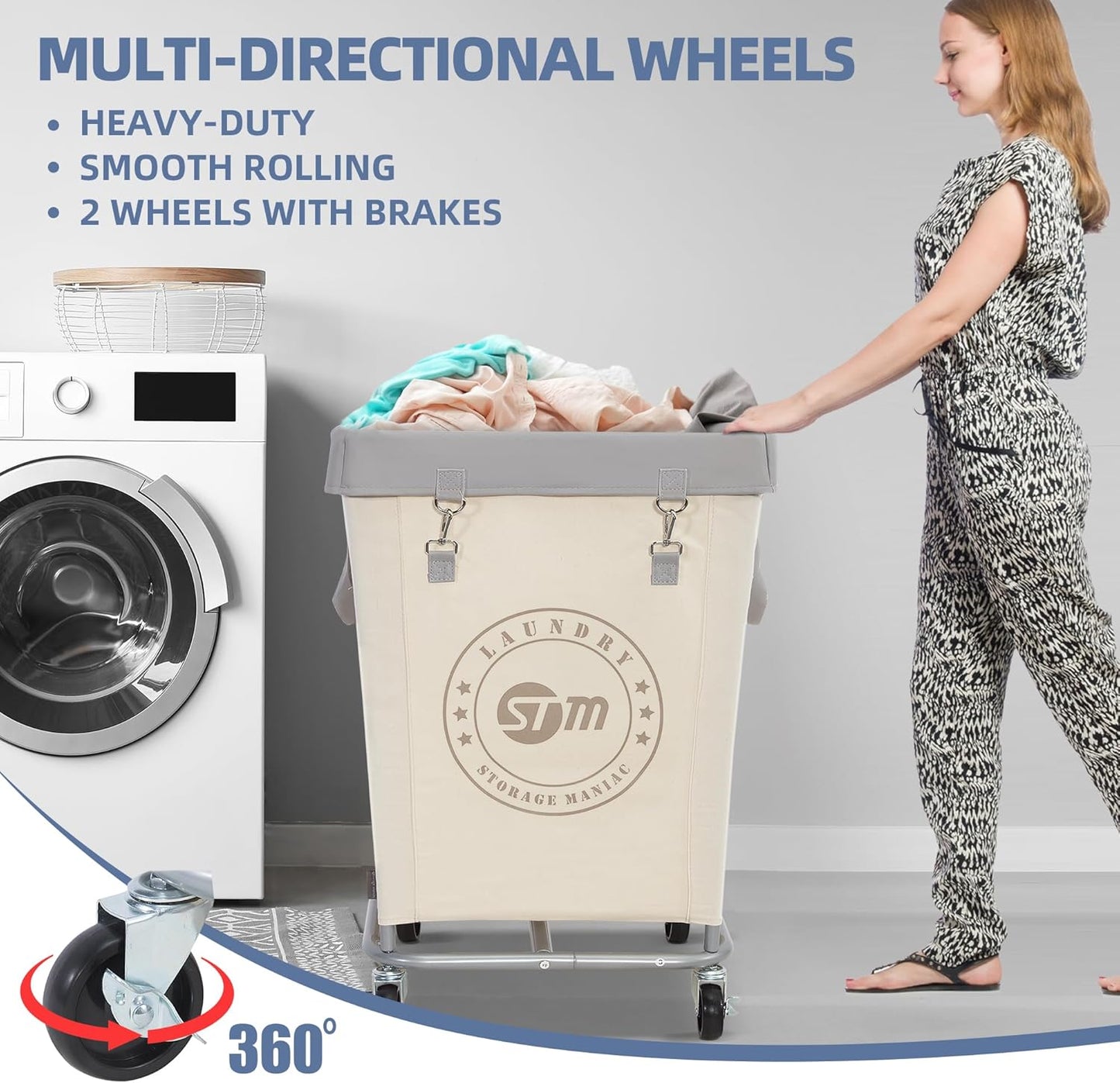 Commercial Laundry Hamper with Heavy Duty Steel Frame, 160 L Industrial Laundry Basket Cart with Wheels for Hotel, Home, Laundry Room, 17.72''L X 17.72''W X 30.91''H, Medium Beige