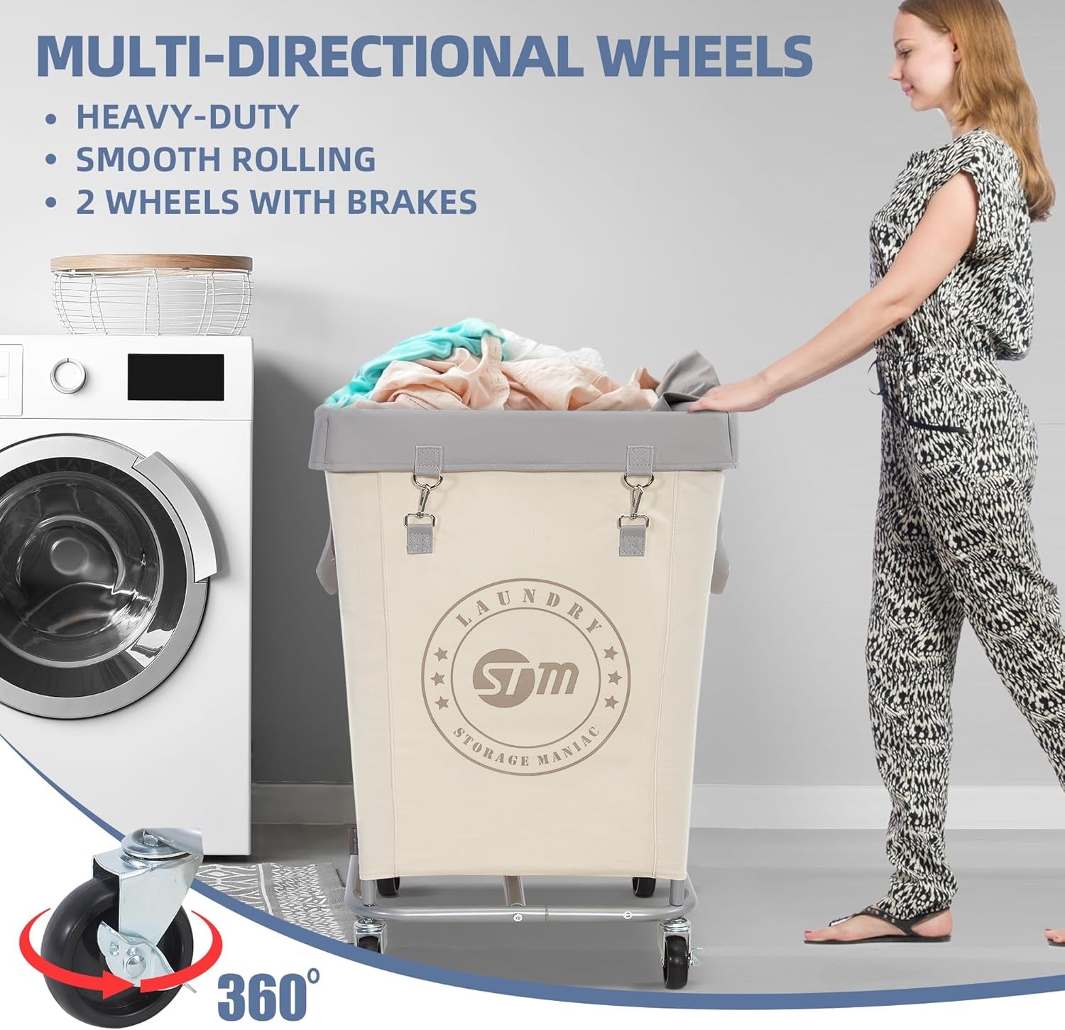 Commercial Laundry Hamper with Heavy Duty Steel Frame, 160 L Industrial Laundry Basket Cart with Wheels for Hotel, Home, Laundry Room, 17.72''L X 17.72''W X 30.91''H, Medium Beige