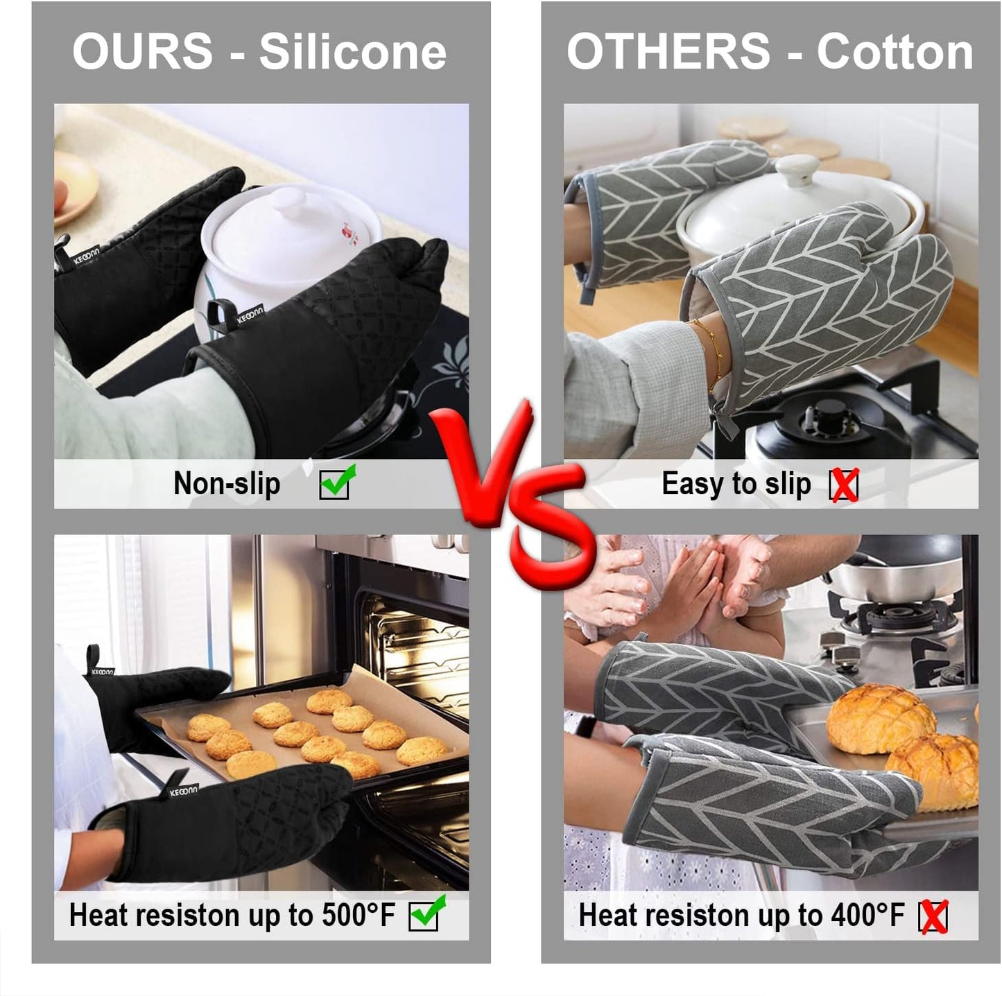 Oven Mitts and Pot Holders 6Pcs Set, Kitchen Oven Glove High Heat Resistant 500 Degree Extra Long Oven Mitts and Potholder with Non-Slip Silicone Surface for Cooking (Black)