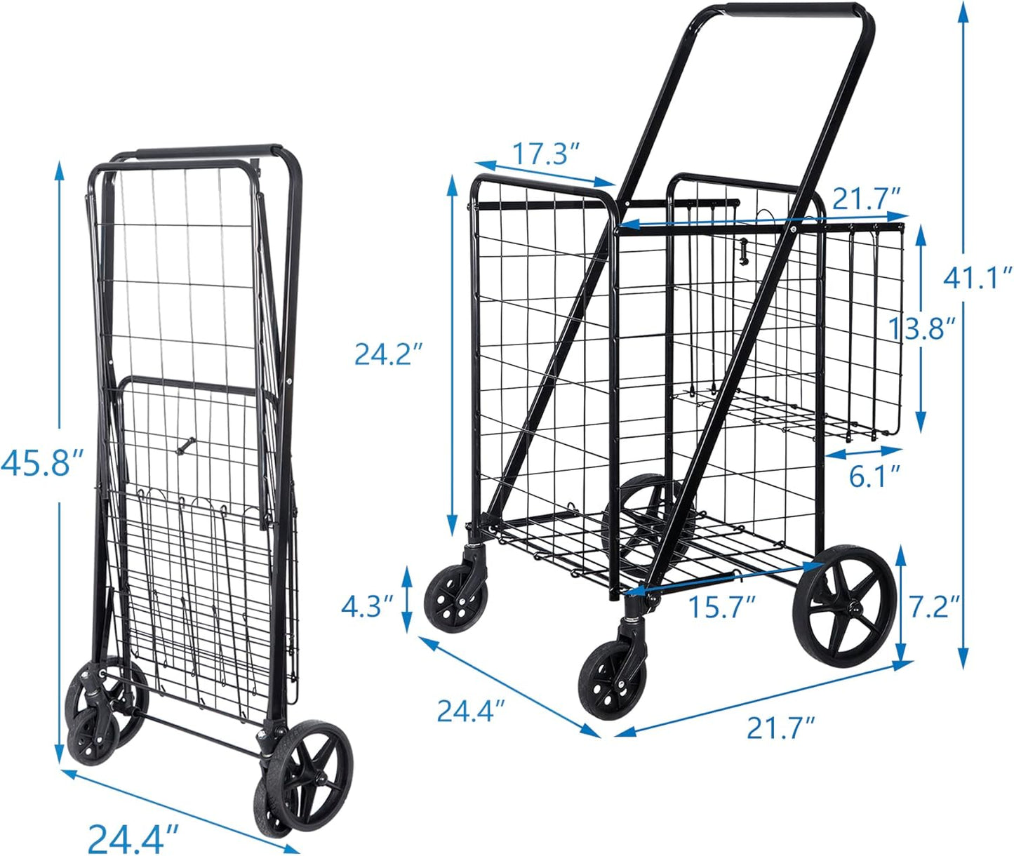 Folding Shopping Cart with Wheels and Double Basket for Groceries Laundry Book Luggage Travel, Black