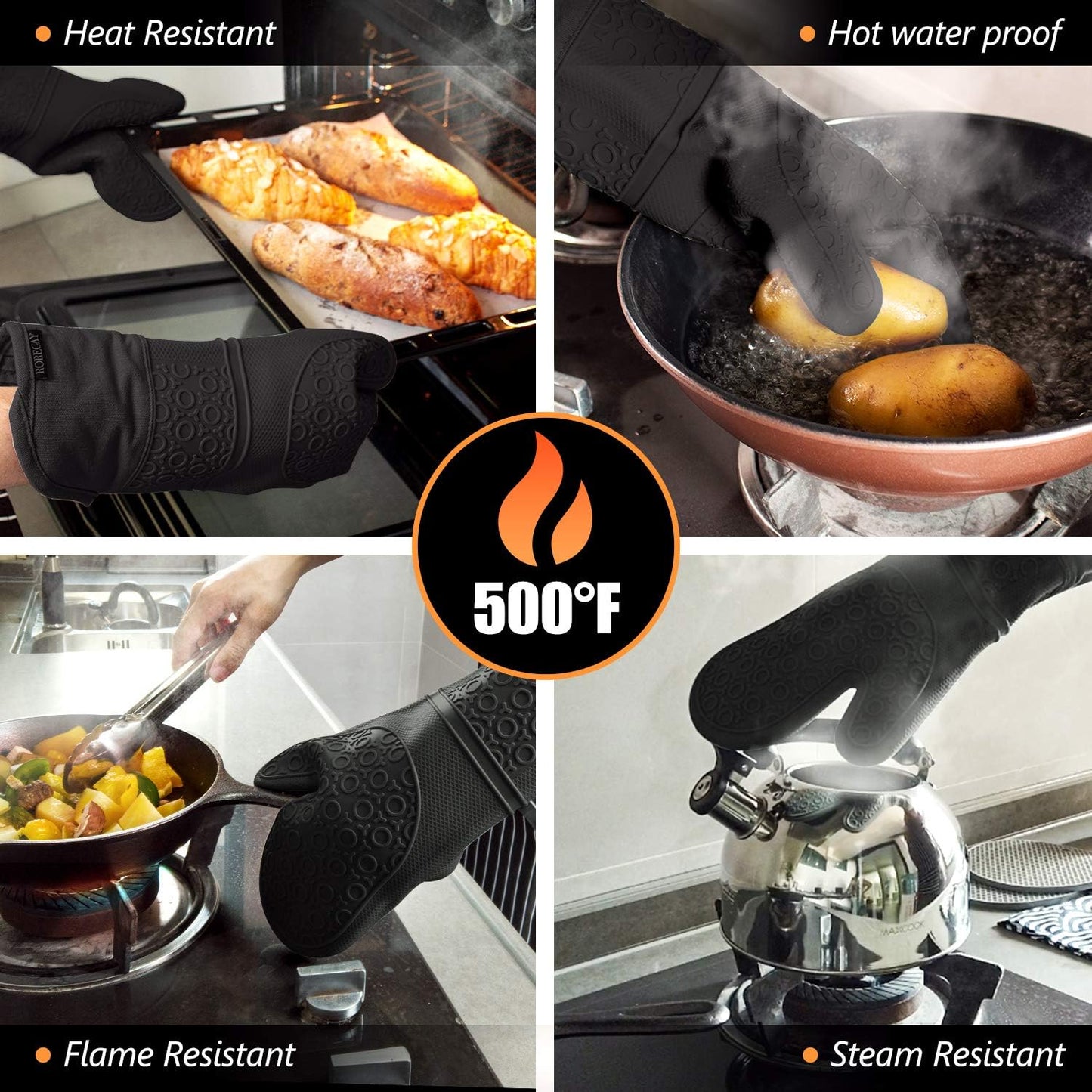 6Pcs Oven Mitts and Pot Holders Sets Heat Resistant 500 Degrees, Extra Long and Non-Slip Silicone Oven Gloves Potholders Hot Pads for Kitchen Baking Cooking, Quilted Liner, Black