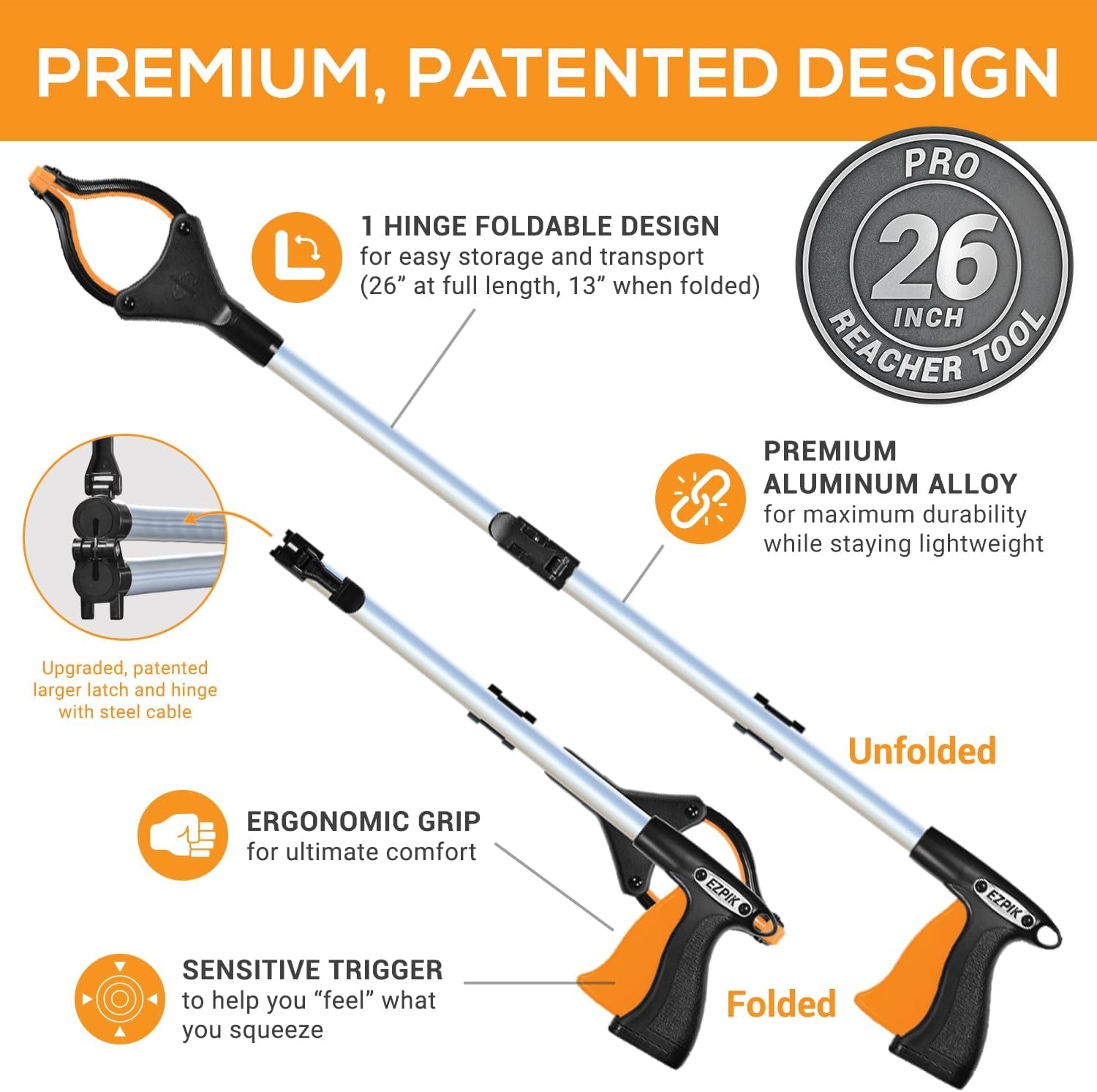 ® Grip Aid Tool Grabber Reacher + Magnets - Grabbers for Seniors, Trash Picker Upper Grabber - Trash Grabber Tool- Reacher Grabber Pickup Tool (Silver, 26" (Pack of 1))