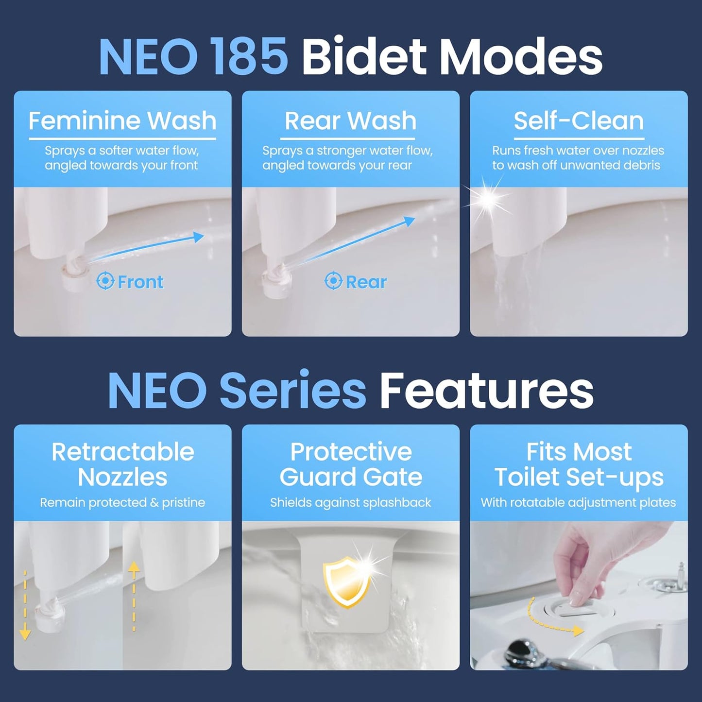 NEO 185 - Dual Nozzle, Self-Cleaning, Non-Electric Bidet Attachment for Toilet Seat, Adjustable Water Pressure, Rear & Feminine Wash (White)