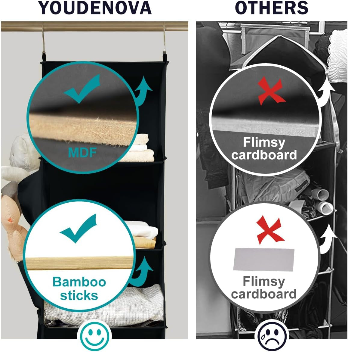 Hanging Closet Organizers and Storage, 6-Shelf Hanging Closet Shelves, Black