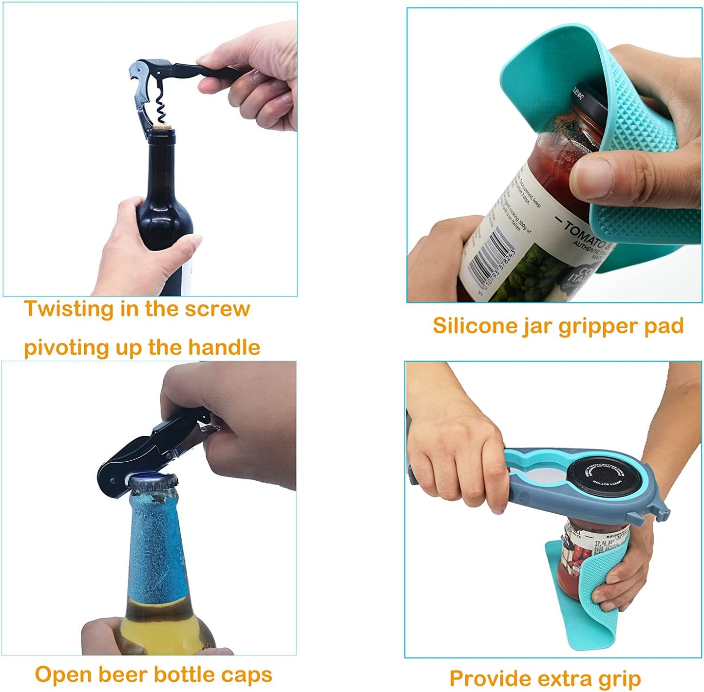 Jar Opener Bottle Opener and Can Opener for Weak Hands,Seniors with Arthritis, Elderly, Jar Lid Opener Gadgets with Rubber Jar Opener Gripper Pad and Corkscrew Opener