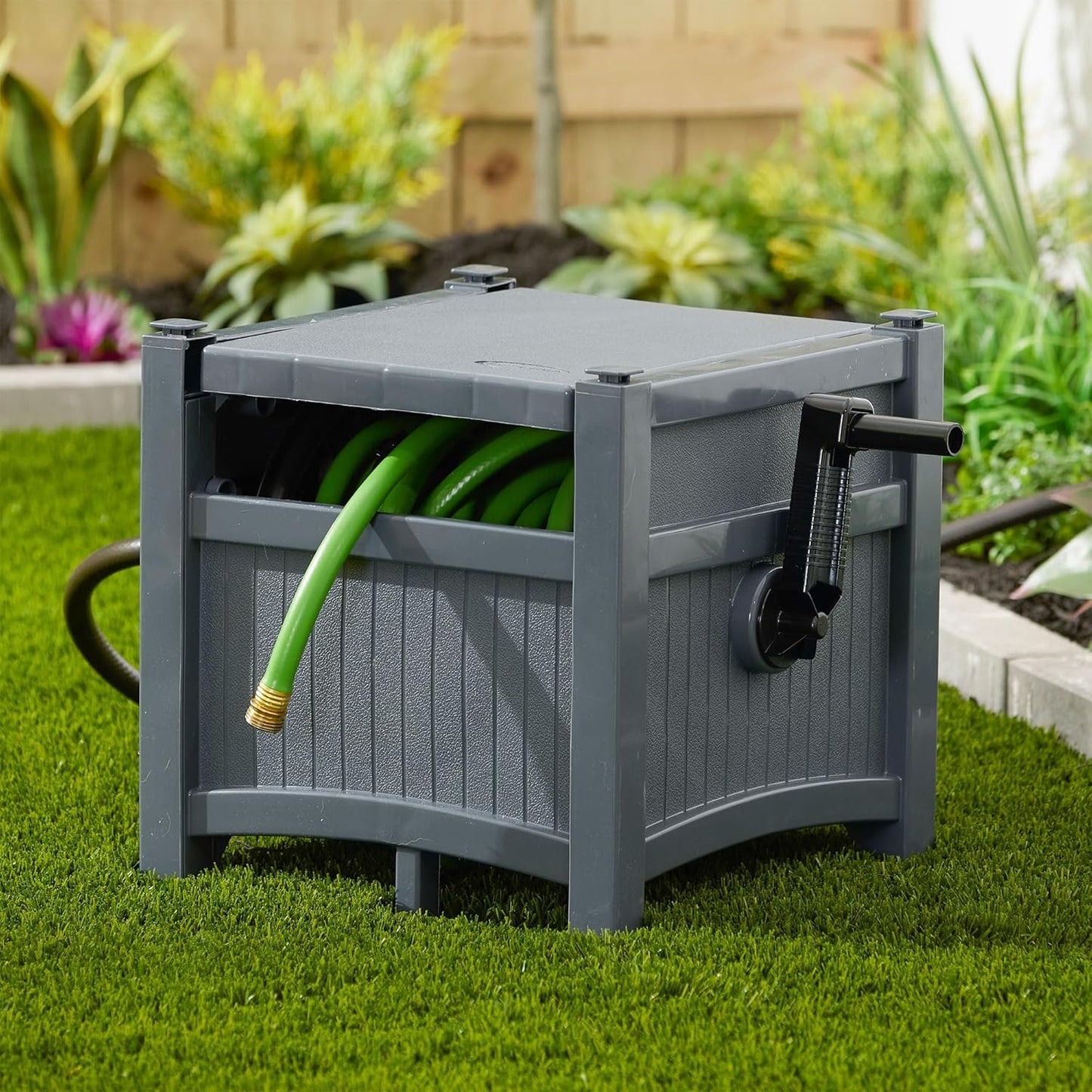 Garden Hose Hideaway Storage Reel Box, Cyberspace Grey – Resin Outdoor Container, Holds up to 100 Feet of 5/8 Inch Standard Vinyl Water Line – No Assembly Required