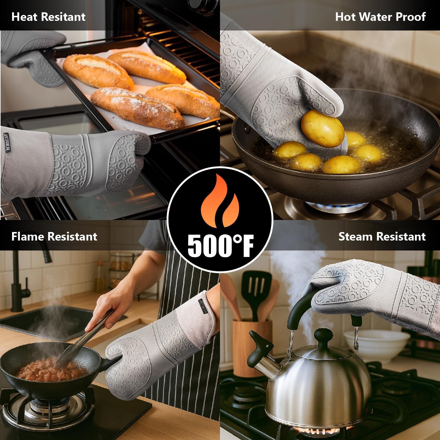 6Pcs Oven Mitts and Pot Holders Sets for Kitchen, Extra Long Silicone Oven Gloves High Heat Resistant 500 Degrees Non-Slip Potholders Hot Pads for Baking Cooking, Grey