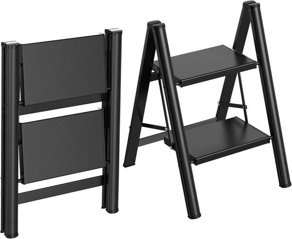 Step Ladder,Lightweight Aluminum Folding Step Stool with Anti-Slip Wide Pedal,330Lbs Capacity Step Ladder for Household,Kitchen,Office - Black