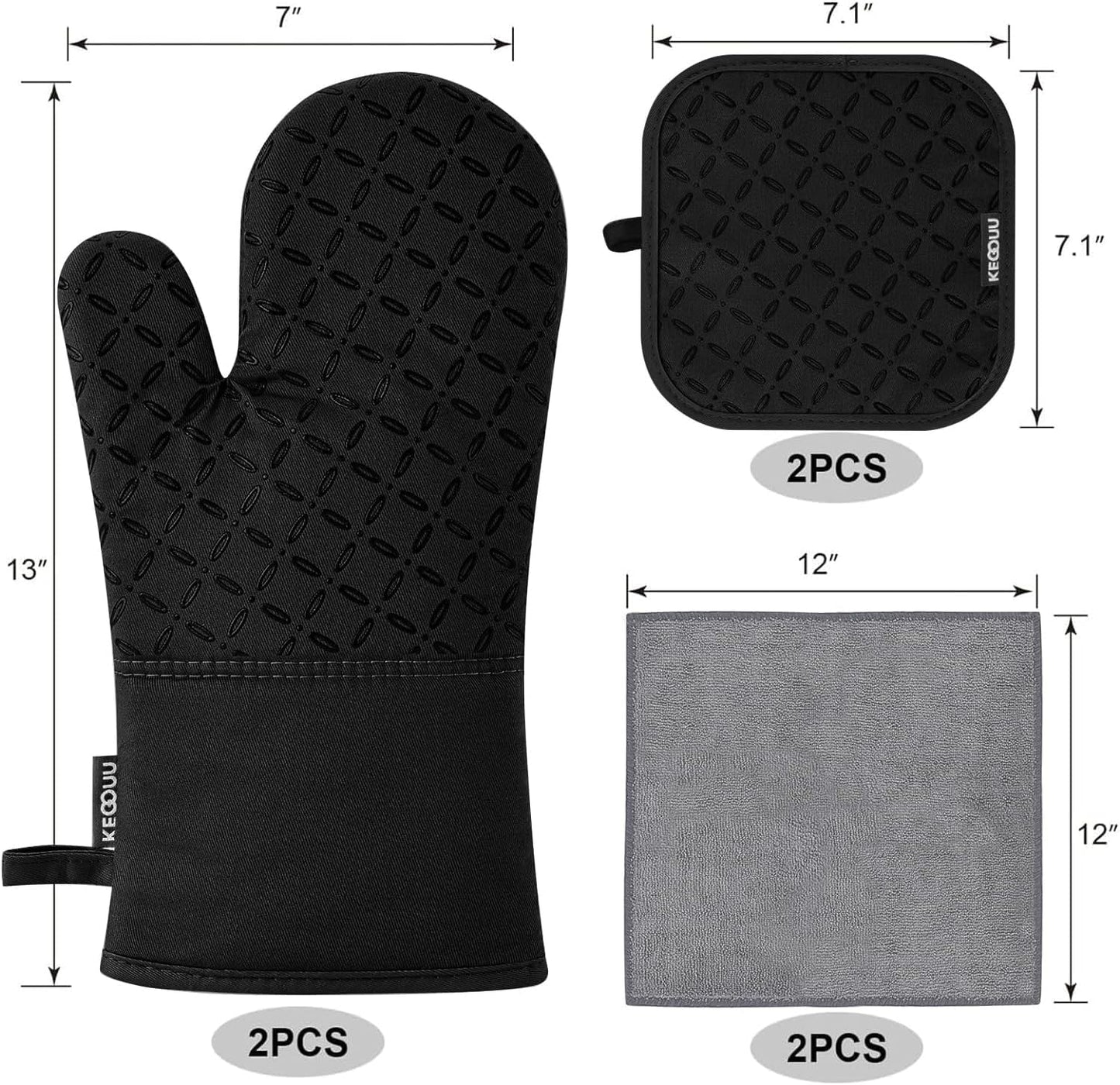 Oven Mitts and Pot Holders 6Pcs Set, Kitchen Oven Glove High Heat Resistant 500 Degree Extra Long Oven Mitts and Potholder with Non-Slip Silicone Surface for Cooking (Black)