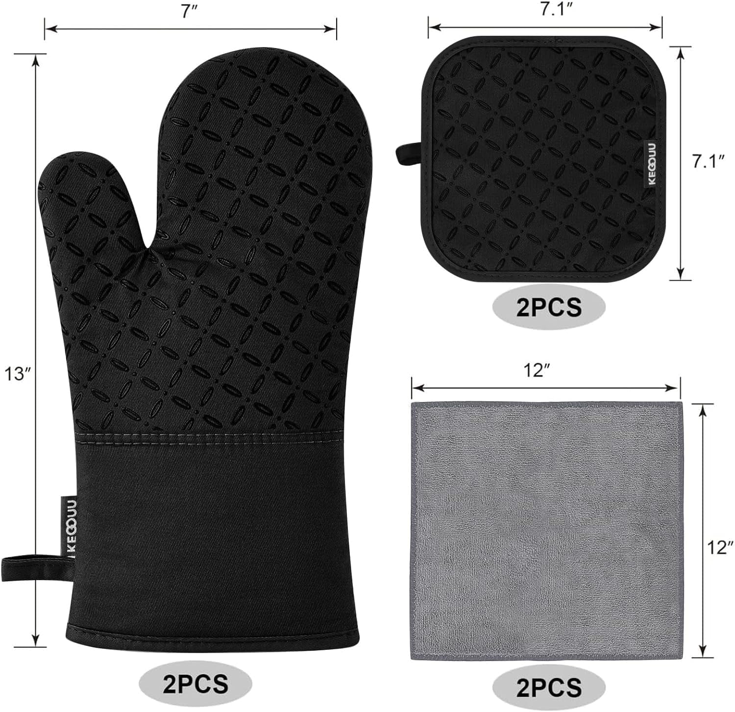 Oven Mitts and Pot Holders 6Pcs Set, Kitchen Oven Glove High Heat Resistant 500 Degree Extra Long Oven Mitts and Potholder with Non-Slip Silicone Surface for Cooking (Black)