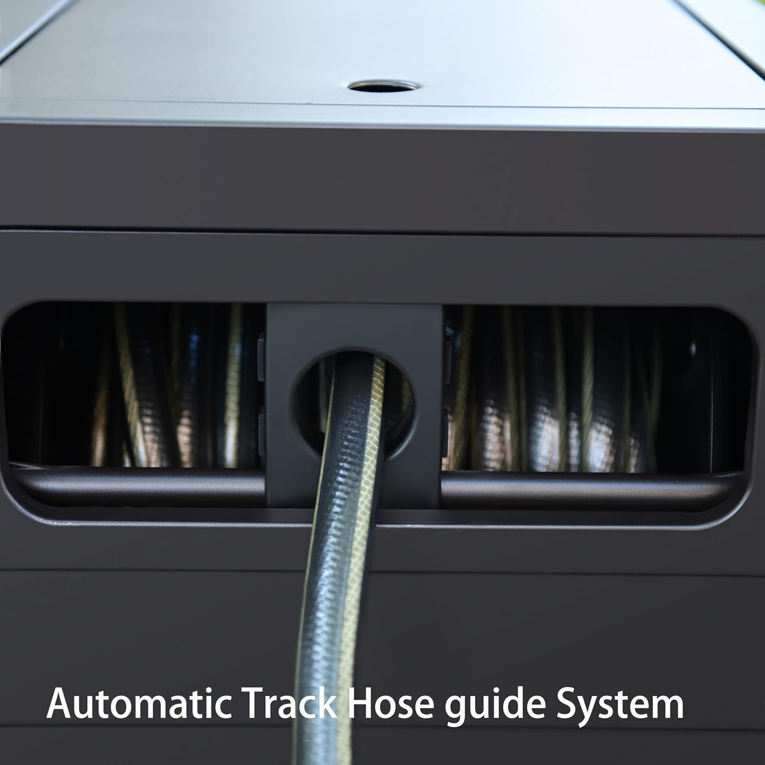 Metal Garden Hose Reel Deck Box, Durable Steel Garden Hose Storage Box Cabinet, 150Ft 5/8" Garden Hose Capacity. - Hose Guide Manual Rewind, No-Leak Aluminum Water Connections