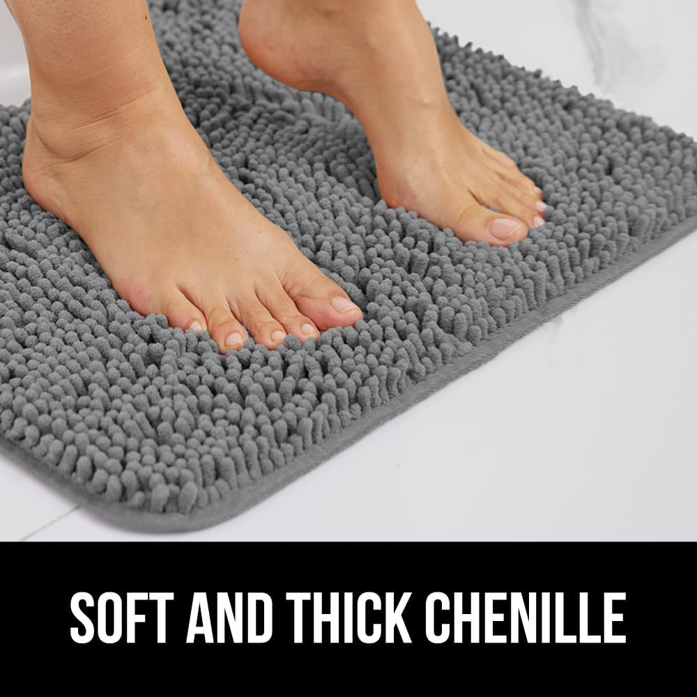 Plush Absorbent Shaggy Chenille Bath Rug Mat for Square Toilet Base with Rubber Backing, Machine Washable Rugs, Soft Microfiber Contour Mats for Toilets, Bathroom Decor, Grey
