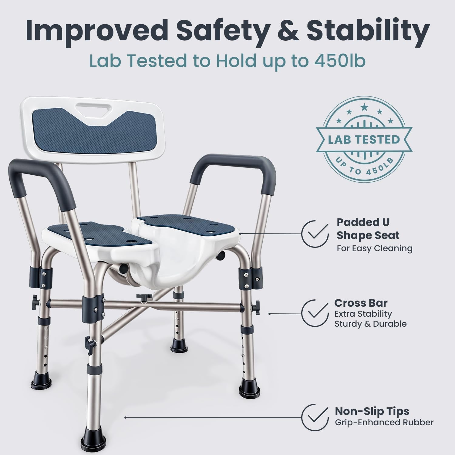 Shower Chair U-Shape Seat (450Lb) Heavy Duty - Padded Armrests and Back, Shower Chairs for Elderly and Disabled, Handicap, Shower Chair for inside Shower, Adjustable Height - Blue