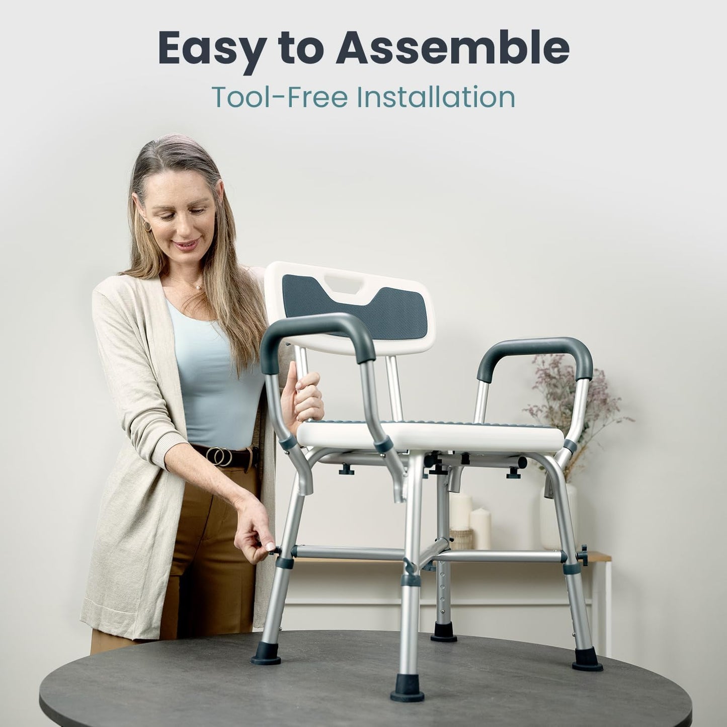 Shower Chair for Elderly and Disabled (450Lb) with Padded Armrests and Back, Adjustable Height Shower Seat, Heavy Duty Shower Chairs for inside Shower, Handicap - Blue