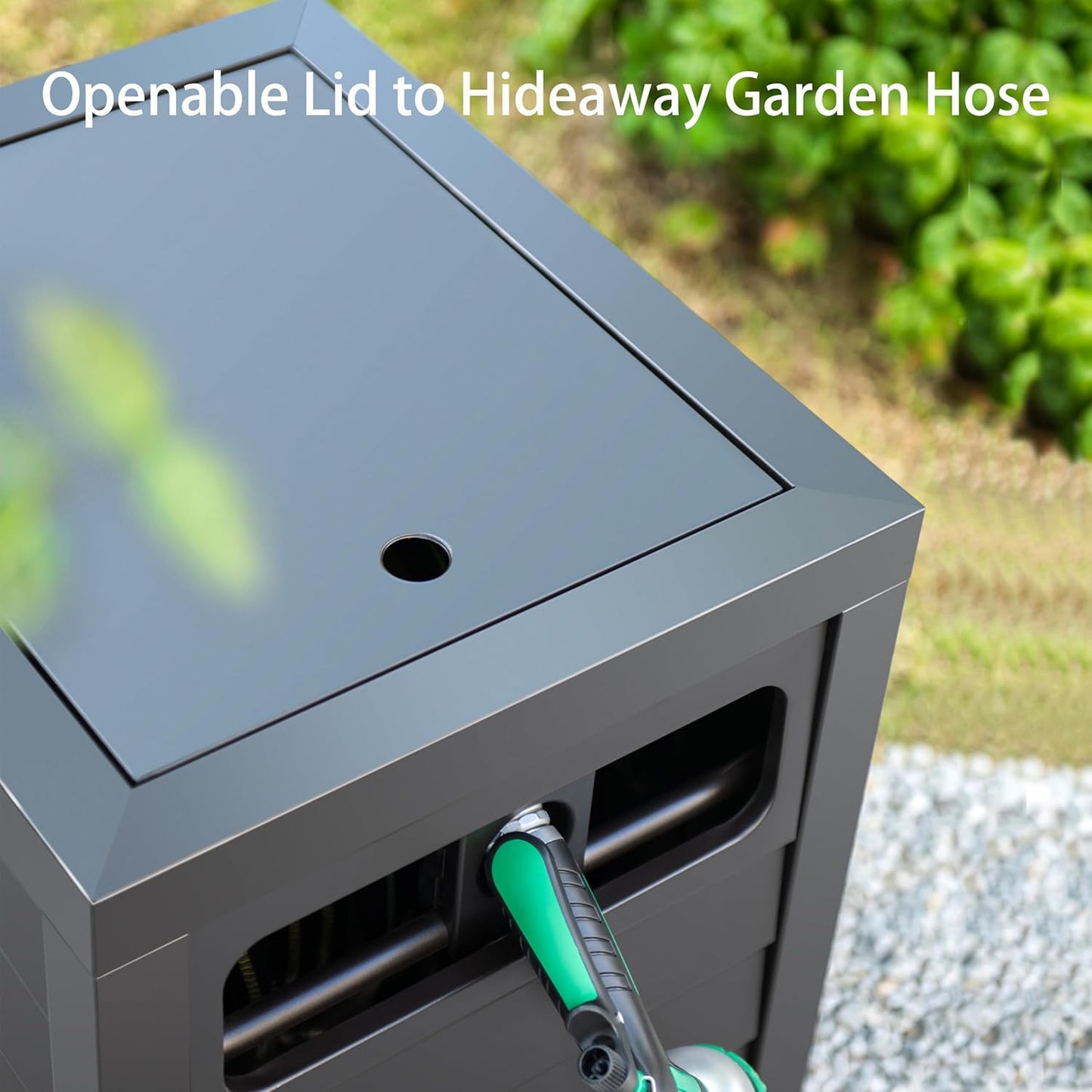 Metal Garden Hose Reel Deck Box, Durable Steel Garden Hose Storage Box Cabinet, 150Ft 5/8" Garden Hose Capacity. - Hose Guide Manual Rewind, No-Leak Aluminum Water Connections