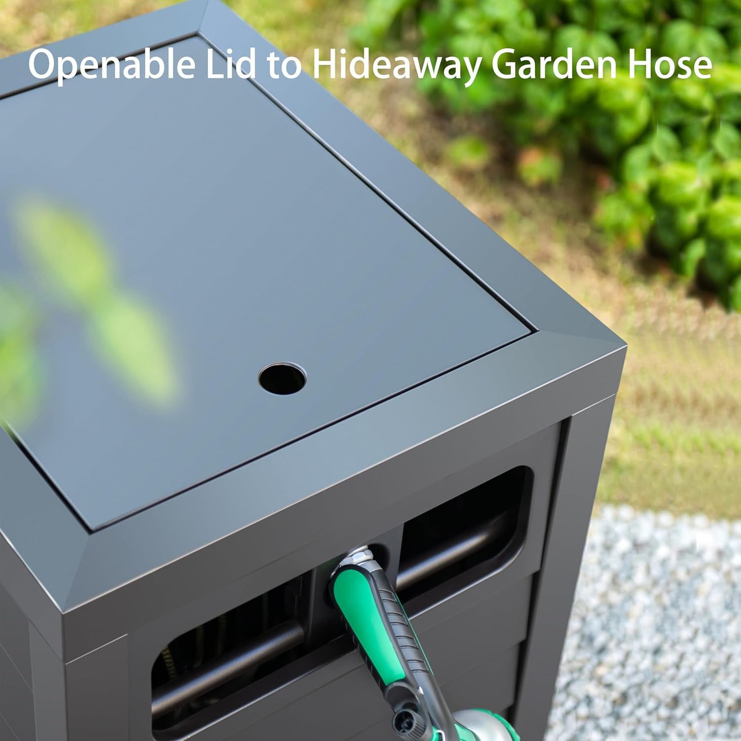 Metal Garden Hose Reel Deck Box, Durable Steel Garden Hose Storage Box Cabinet, 150Ft 5/8" Garden Hose Capacity. - Hose Guide Manual Rewind, No-Leak Aluminum Water Connections