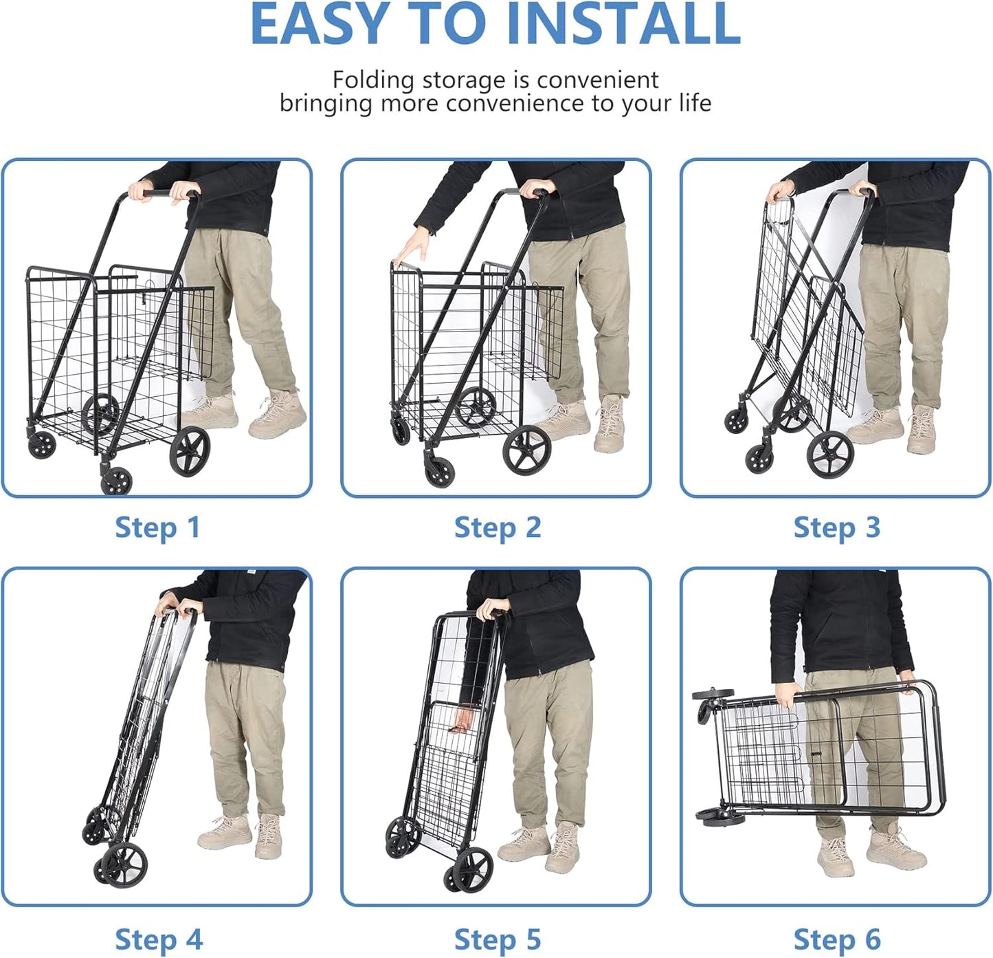 Folding Shopping Cart with Wheels and Double Basket for Groceries Laundry Book Luggage Travel, Black