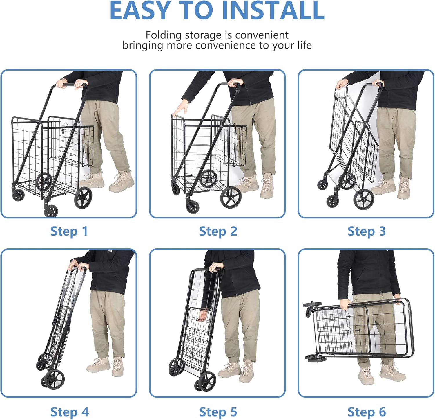 Folding Shopping Cart with Wheels and Double Basket for Groceries Laundry Book Luggage Travel, Black