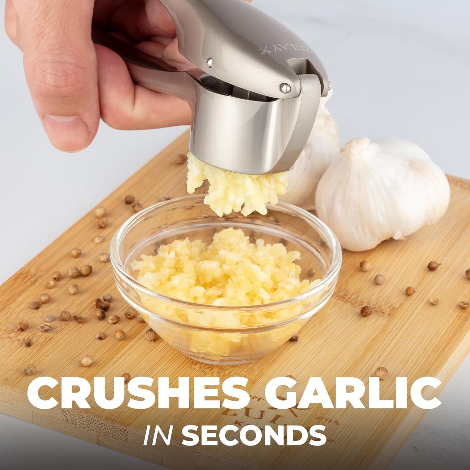 Large Premium Garlic Press Set – Rust Proof & Dishwasher Safe, Bigger Bowl Garlic Mincer Tool with Silicone Garlic Peeler & Brush, Easy Squeeze & Clean, Ergonomic Handle - Silver