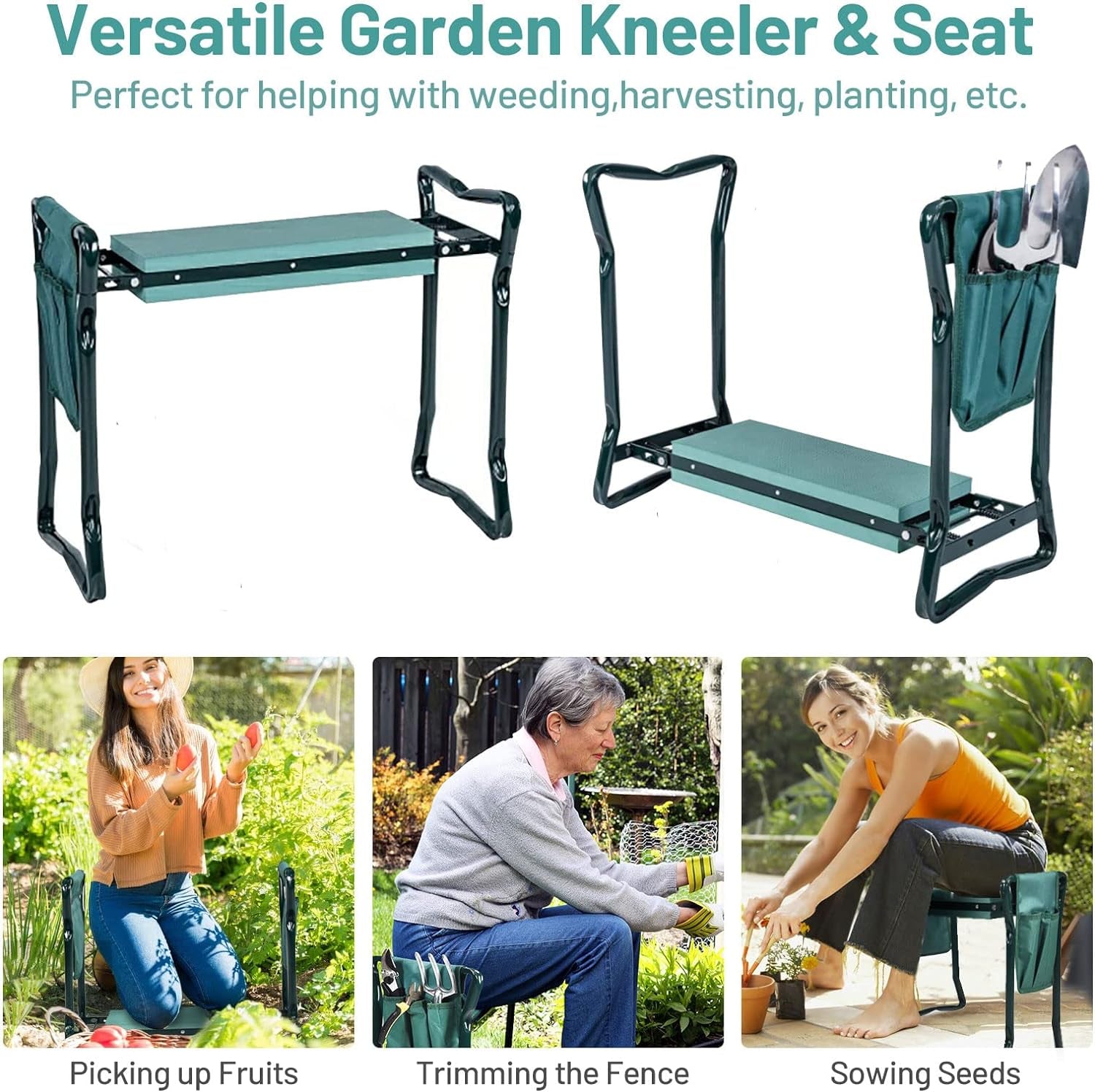 2-In-1 Garden Kneeler & Seat, Folding Seat W/Eva Foam Kneeling Pad & Removable Tools Pouch, Sturdy Steel Frame, No Assembly, Portable Heavy Duty Garden Stool for Women & Men