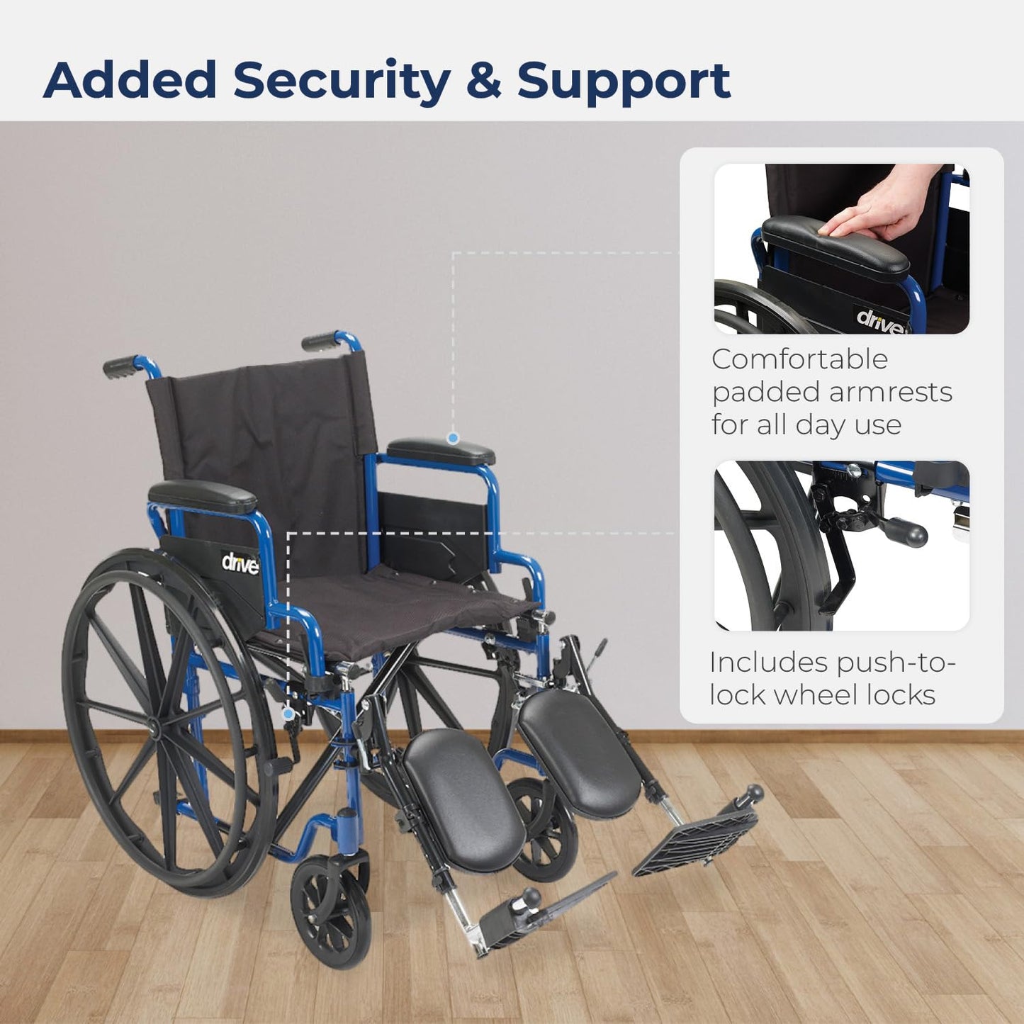 Blue Streak Lightweight Foldable Wheelchair for Adults, Seniors, and Disabled - Swing-Away Elevating Leg Rests and Flip-Back Padded Arms - Black/Blue