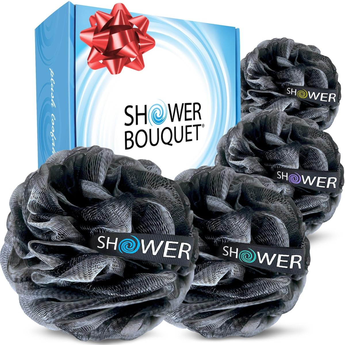 Loofah-Charcoal Bath-Sponge-4-Pack // Extra-Large 75G Soft Mesh Black Loofa Lufa Loufa Luffa Puff Set/Exfoliating Body Scrubber for Women and Men - Exfoliate & Soothe Face & Body