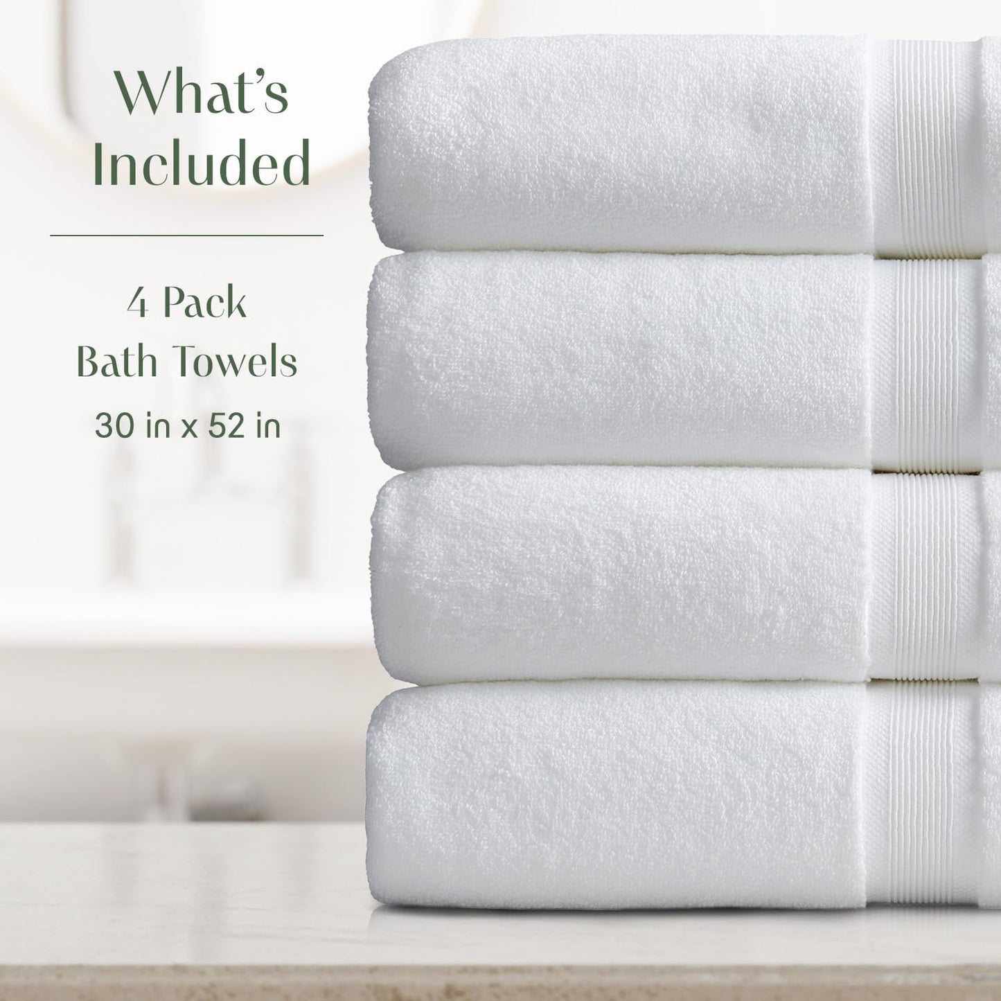 Luxury Bamboo Rayon Bath Towel Set of 4 | 35% Bamboo Rayon - 65% Zero Twist Cotton | Absorbent Quick-Dry Towels for Bathroom | Oeko-Tex Standard 100 Cotton | White - 4 Pack